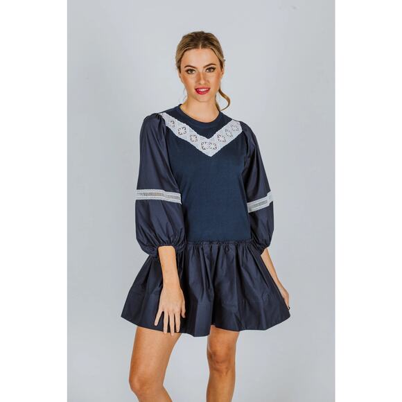 Tanya Taylor Kirstie Mini Dress Puff Sleeve Drop Waist Boho Chic Preppy Blue XS - Picture 2 of 11